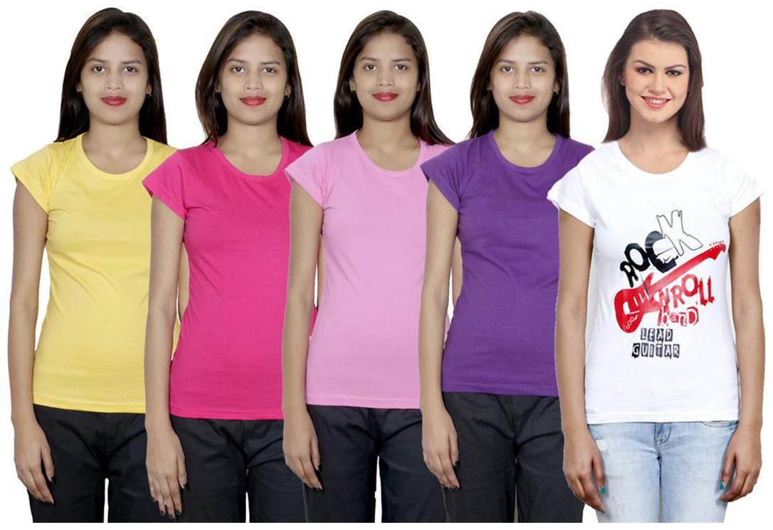 

IndiWeaves Women s Cotton Printed and Plain T-Shirt Combo(Pack of 5 T-Shirts)