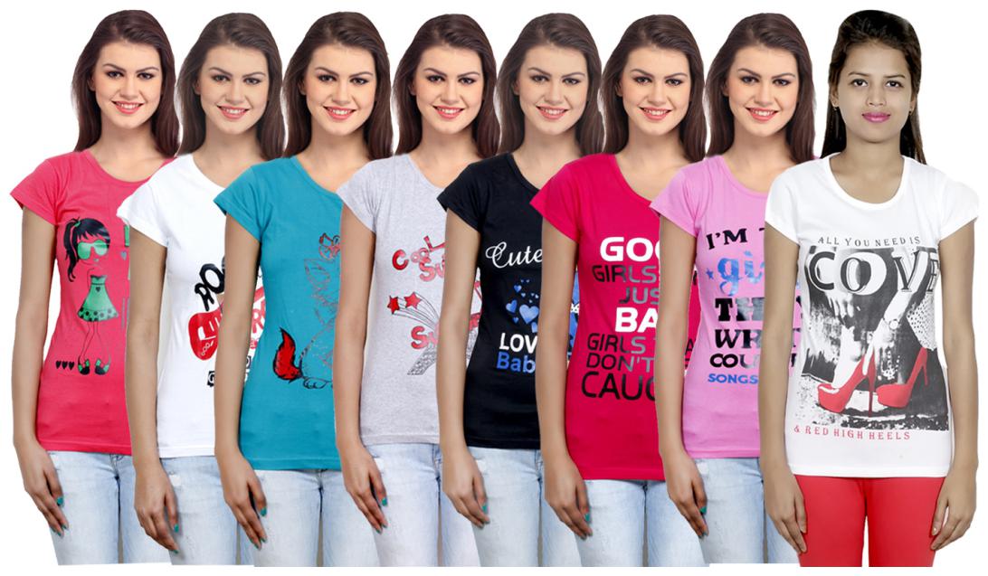 

IndiWeaves Women s Cotton Printed T-Shirts COMBO OFFER ( Pack of 8 T-Shirts)