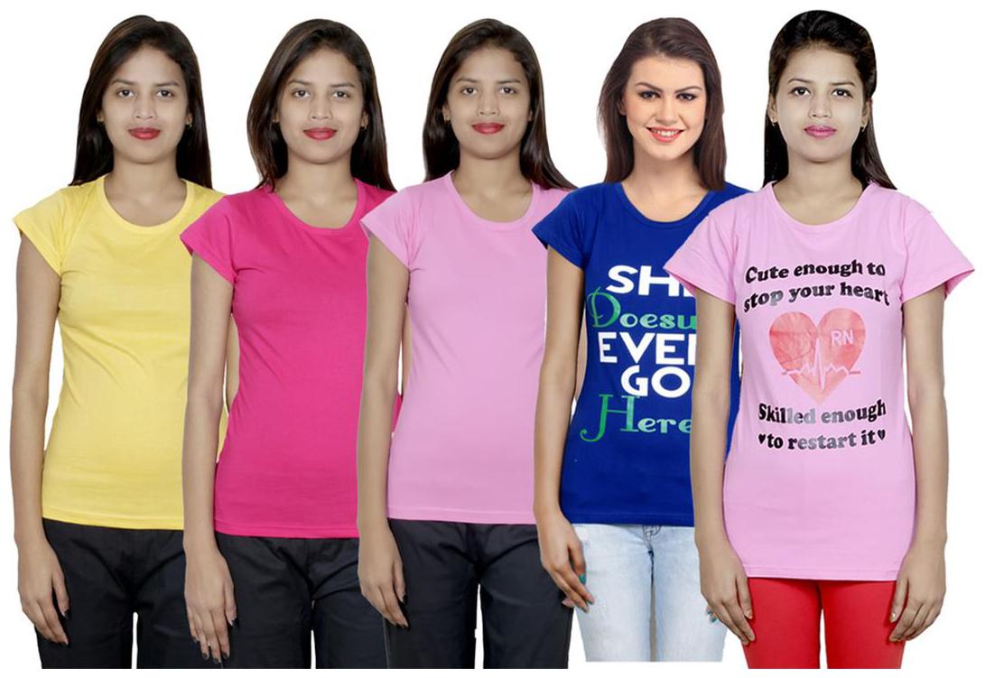 

IndiWeaves Women s Cotton Printed and Plain T-Shirt Combo(Pack of 5 T-Shirts)
