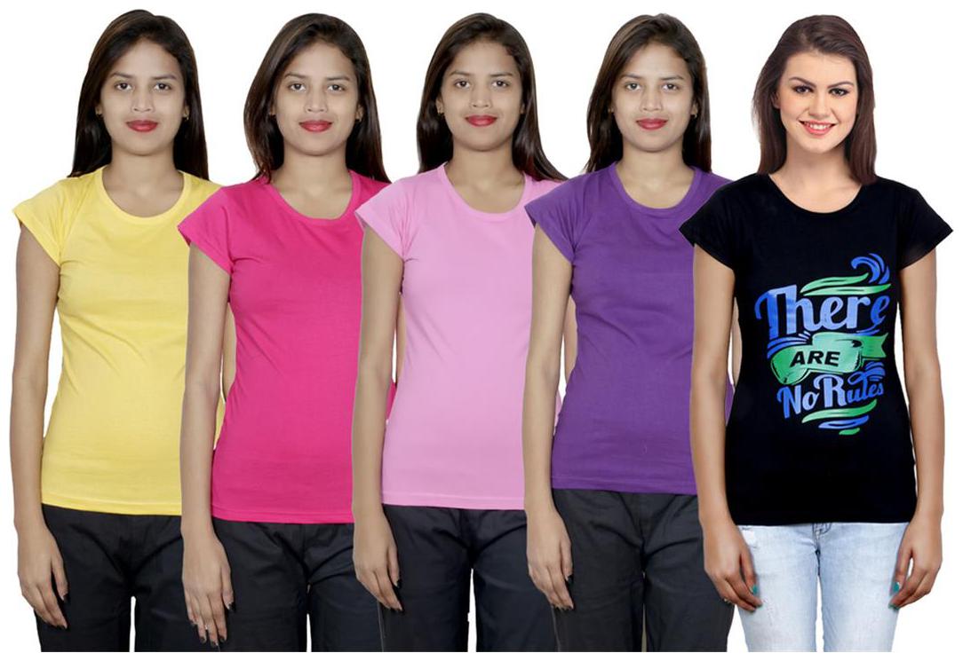 

IndiWeaves Women s Cotton Printed and Plain T-Shirt Combo(Pack of 5 T-Shirts)