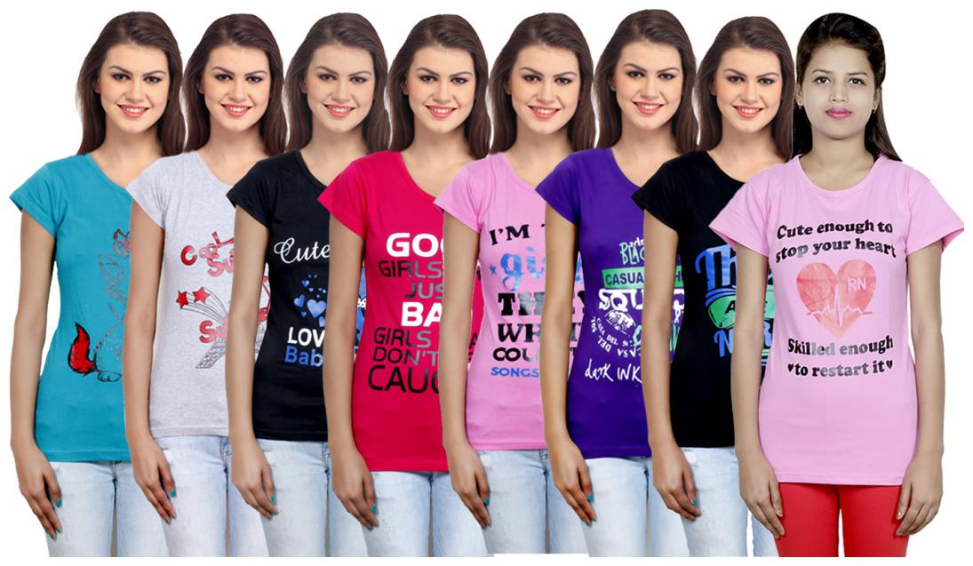 

IndiWeaves Women s Cotton Printed T-Shirts COMBO OFFER ( Pack of 8 T-Shirts)