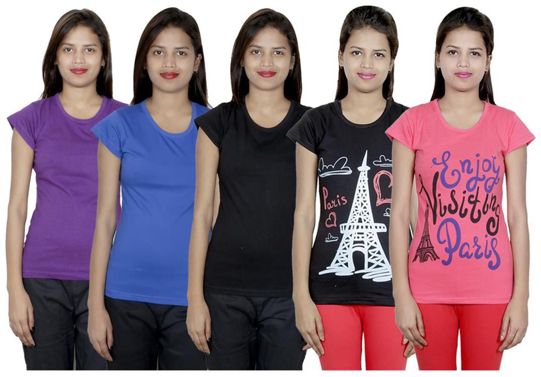 

IndiWeaves Women s Cotton Printed and Plain T-Shirt Combo(Pack of 5 T-Shirts)