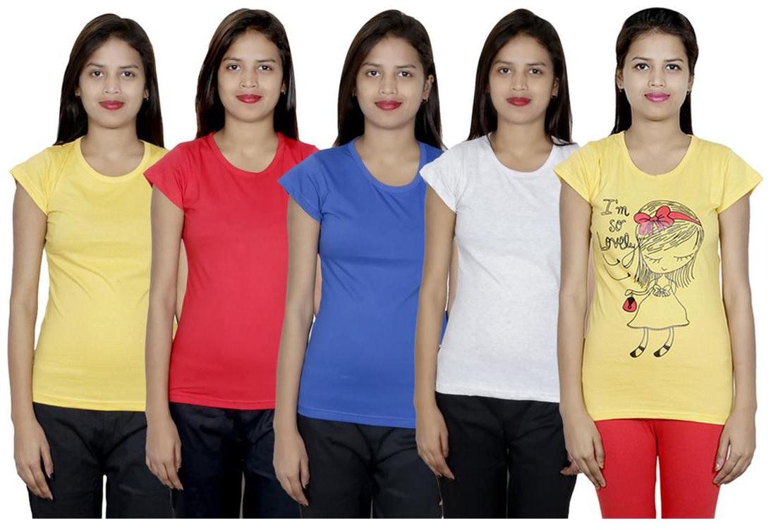 

IndiWeaves Women s Cotton Printed and Plain T-Shirt Combo(Pack of 5 T-Shirts)