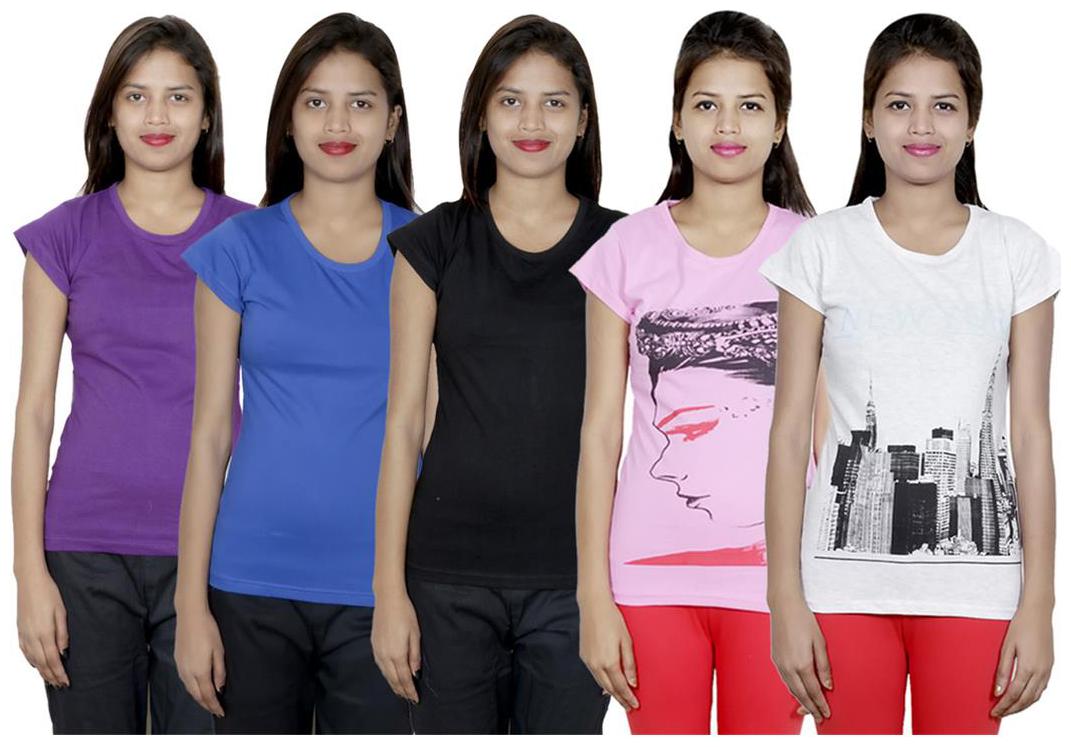 

IndiWeaves Women s Cotton Printed and Plain T-Shirt Combo(Pack of 5 T-Shirts)
