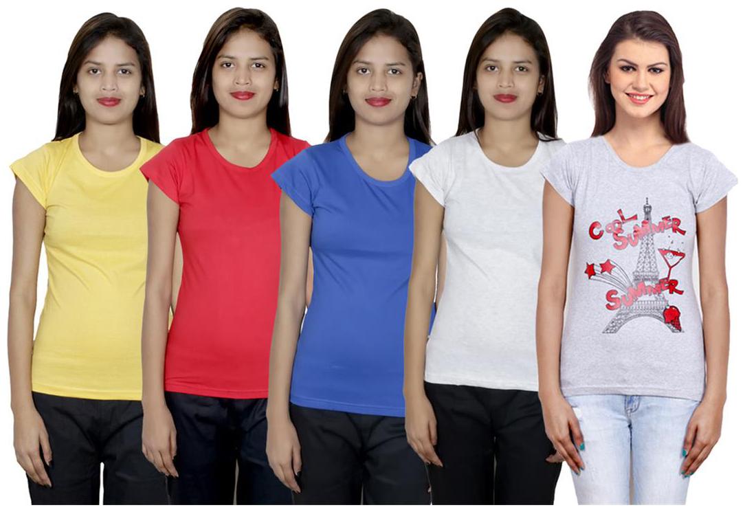 

IndiWeaves Women s Cotton Printed and Plain T-Shirt Combo(Pack of 5 T-Shirts)