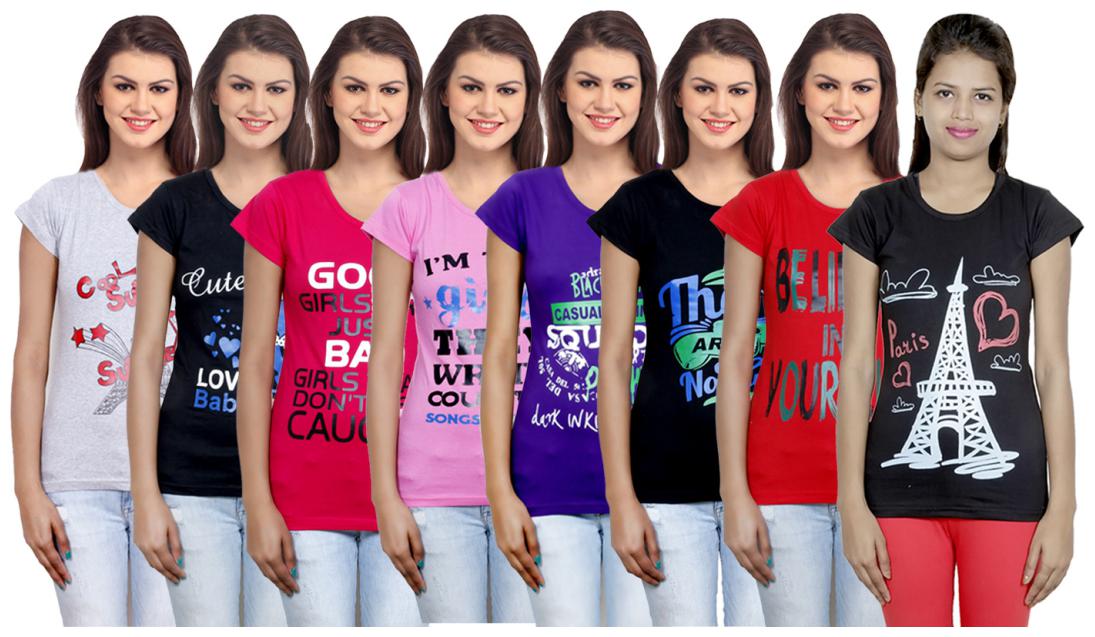 

IndiWeaves Women s Cotton Printed T-Shirts COMBO OFFER ( Pack of 8 T-Shirts)