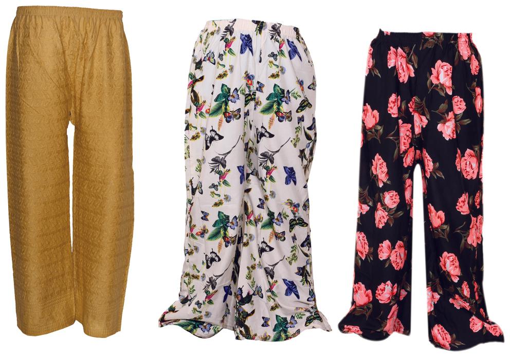 

IndiWeaves Womens 1 Full Chikan Work Pallazo and 2 Printed Palazzo Combo Pack (Pack of 3 Palazo)