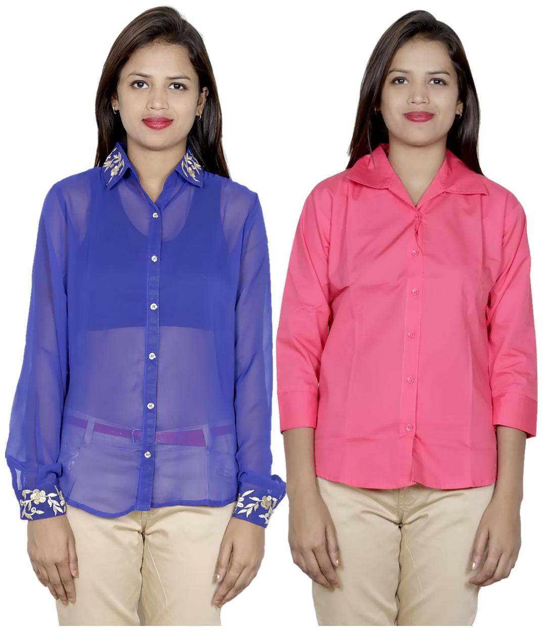 

Indiweaves Women Blue Embroidered Regular Fit Shirt
