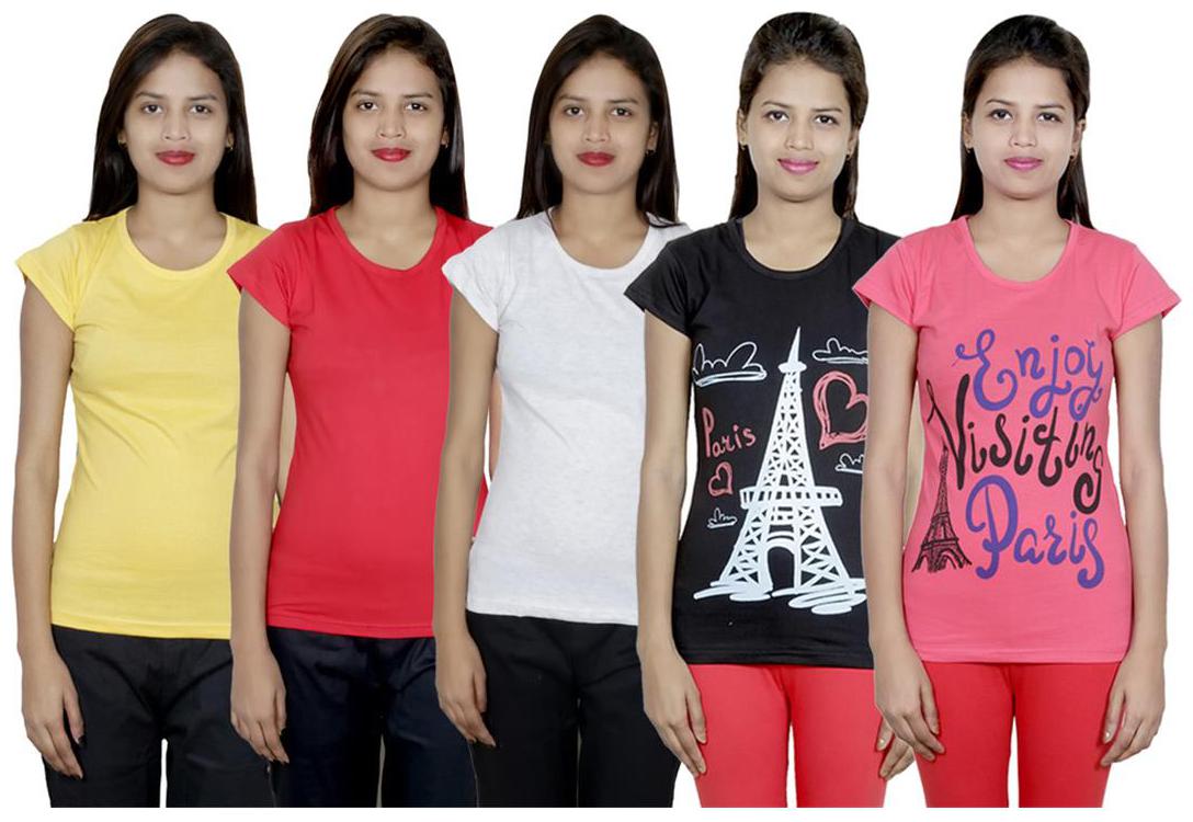 

IndiWeaves Women s Cotton Printed and Plain T-Shirt Combo(Pack of 5 T-Shirts)