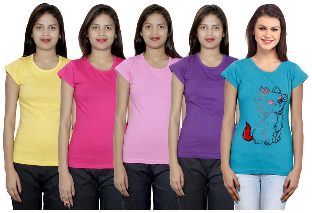 

IndiWeaves Women s Cotton Printed and Plain T-Shirt Combo(Pack of 5 T-Shirts)