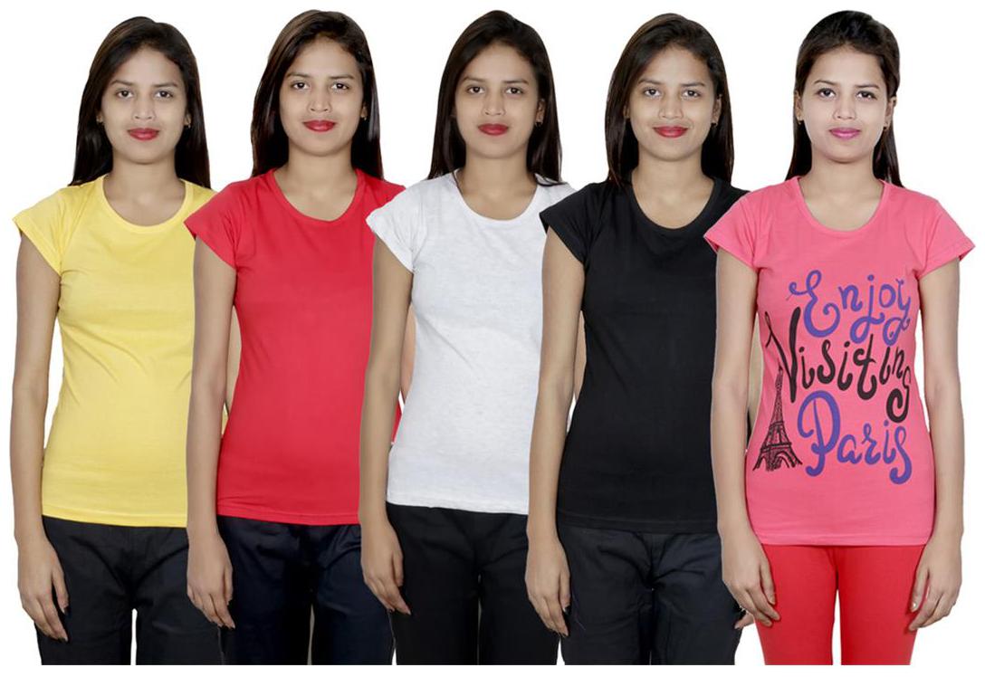 

IndiWeaves Women s Cotton Printed and Plain T-Shirt Combo(Pack of 5 T-Shirts)