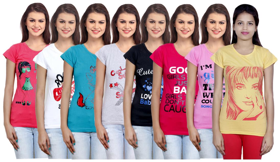 

IndiWeaves Women s Cotton Printed T-Shirts COMBO OFFER ( Pack of 8 T-Shirts)
