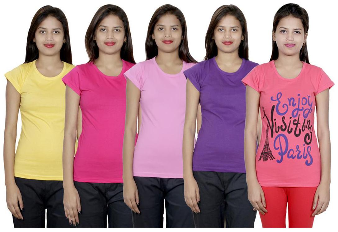 

IndiWeaves Women s Cotton Printed and Plain T-Shirt Combo(Pack of 5 T-Shirts)