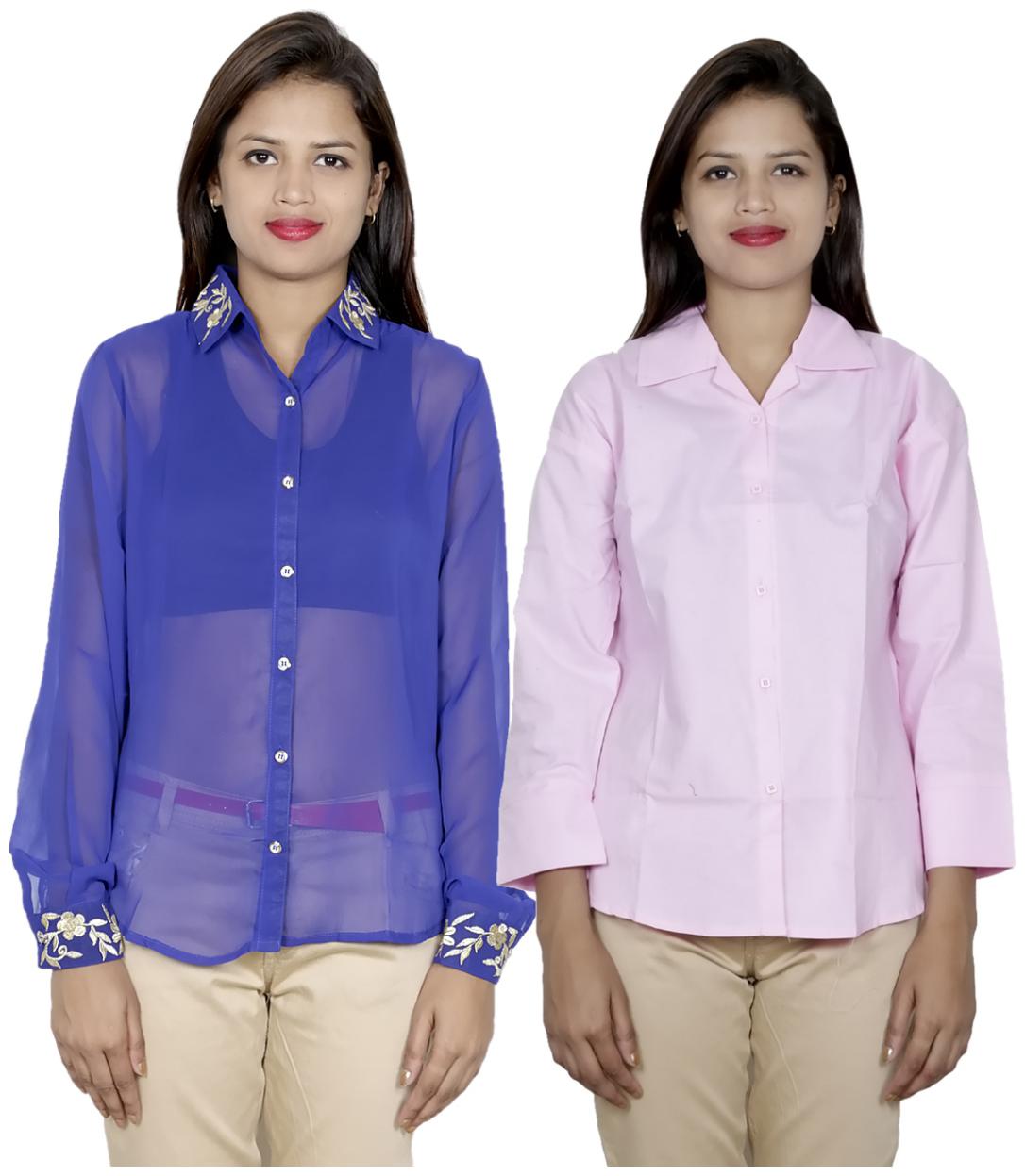 

Indiweaves Women Blue Embroidered Regular Fit Shirt
