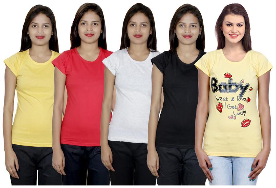 

IndiWeaves Women s Cotton Printed and Plain T-Shirt Combo(Pack of 5 T-Shirts)