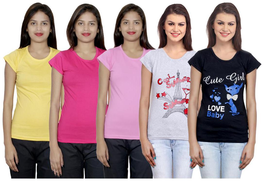 

IndiWeaves Women s Cotton Printed and Plain T-Shirt Combo(Pack of 5 T-Shirts)