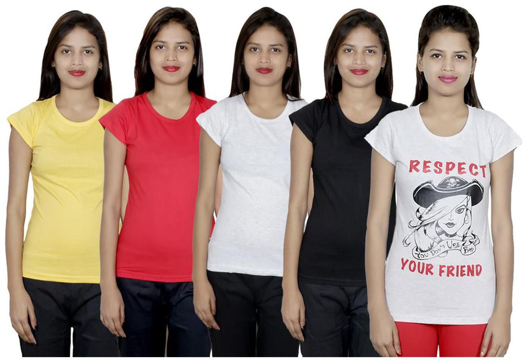 

IndiWeaves Women s Cotton Printed and Plain T-Shirt Combo(Pack of 5 T-Shirts)