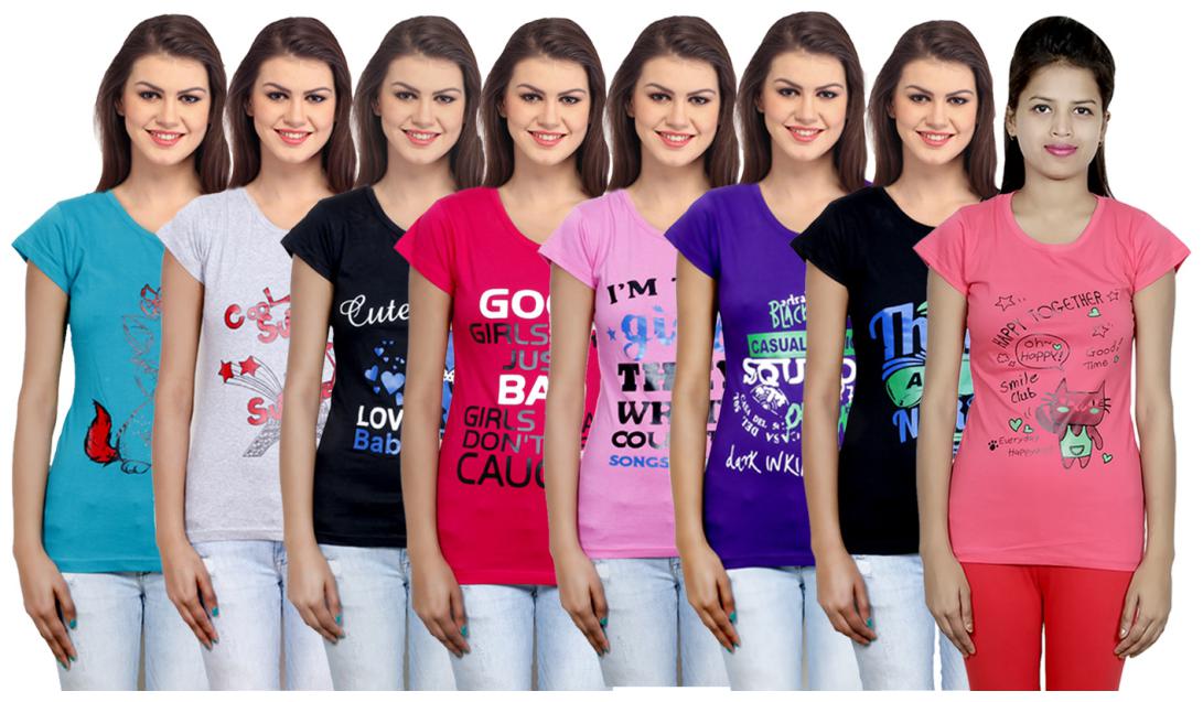 

IndiWeaves Women s Cotton Printed T-Shirts COMBO OFFER ( Pack of 8 T-Shirts)