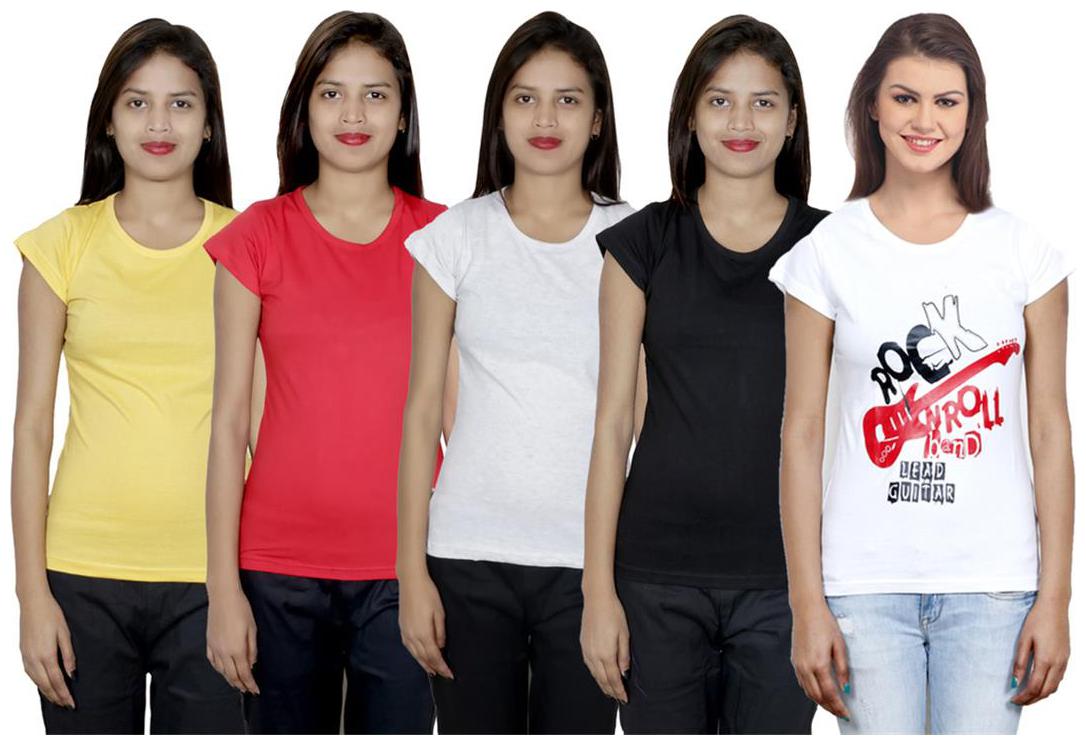 

IndiWeaves Women s Cotton Printed and Plain T-Shirt Combo(Pack of 5 T-Shirts)