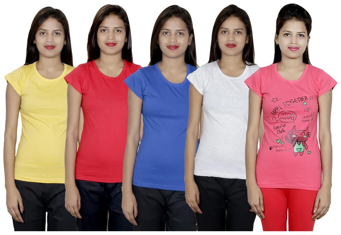

IndiWeaves Women s Cotton Printed and Plain T-Shirt Combo(Pack of 5 T-Shirts)