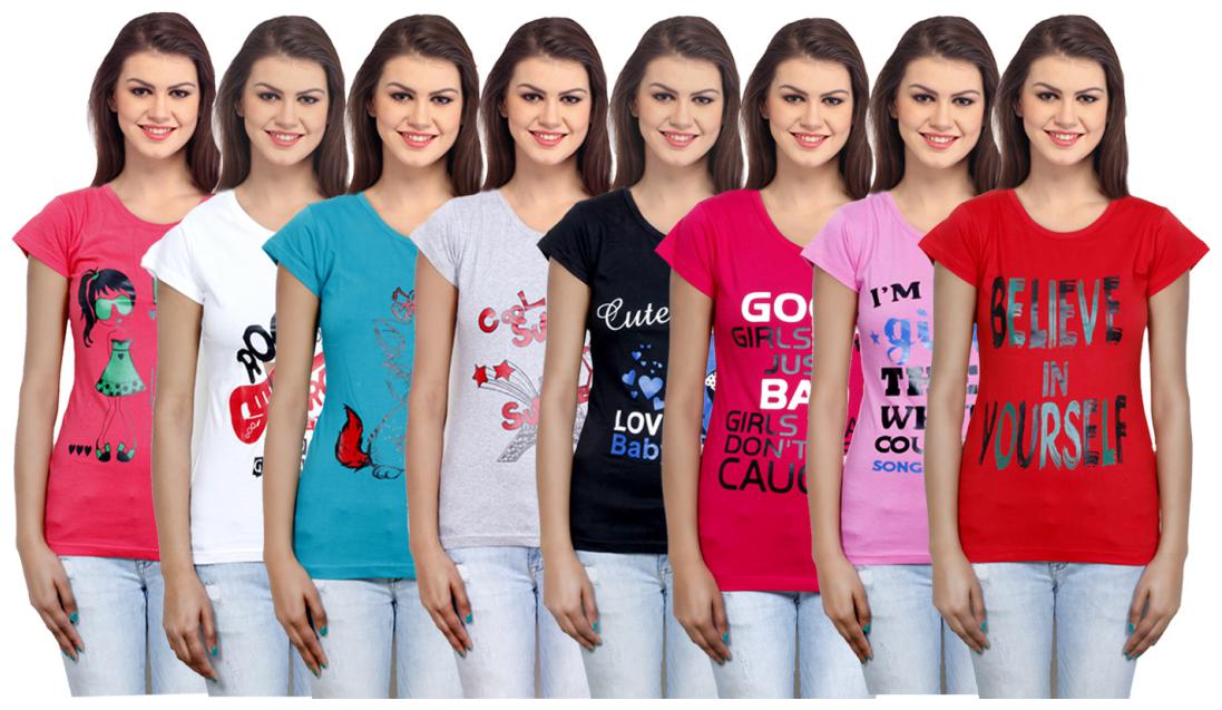 

IndiWeaves Women s Cotton Printed T-Shirts COMBO OFFER ( Pack of 8 T-Shirts)