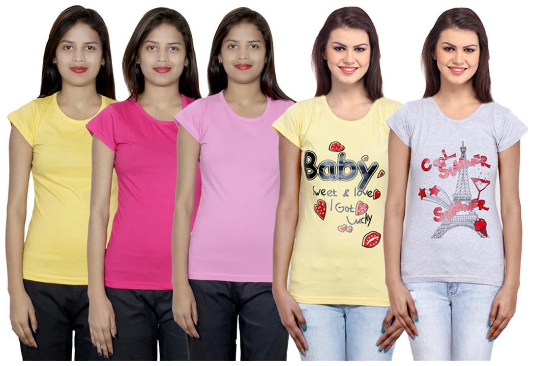 

IndiWeaves Women s Cotton Printed and Plain T-Shirt Combo(Pack of 5 T-Shirts)