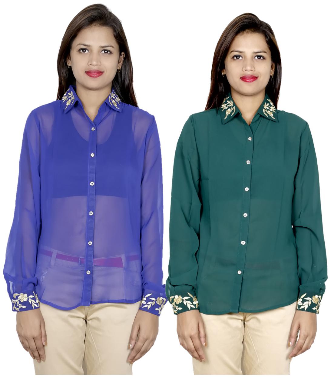 

Indiweaves Women Blue Embroidered Regular Fit Shirt