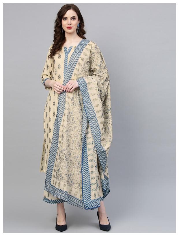 

Indo Era Beige Printed Straight Kurta Sets