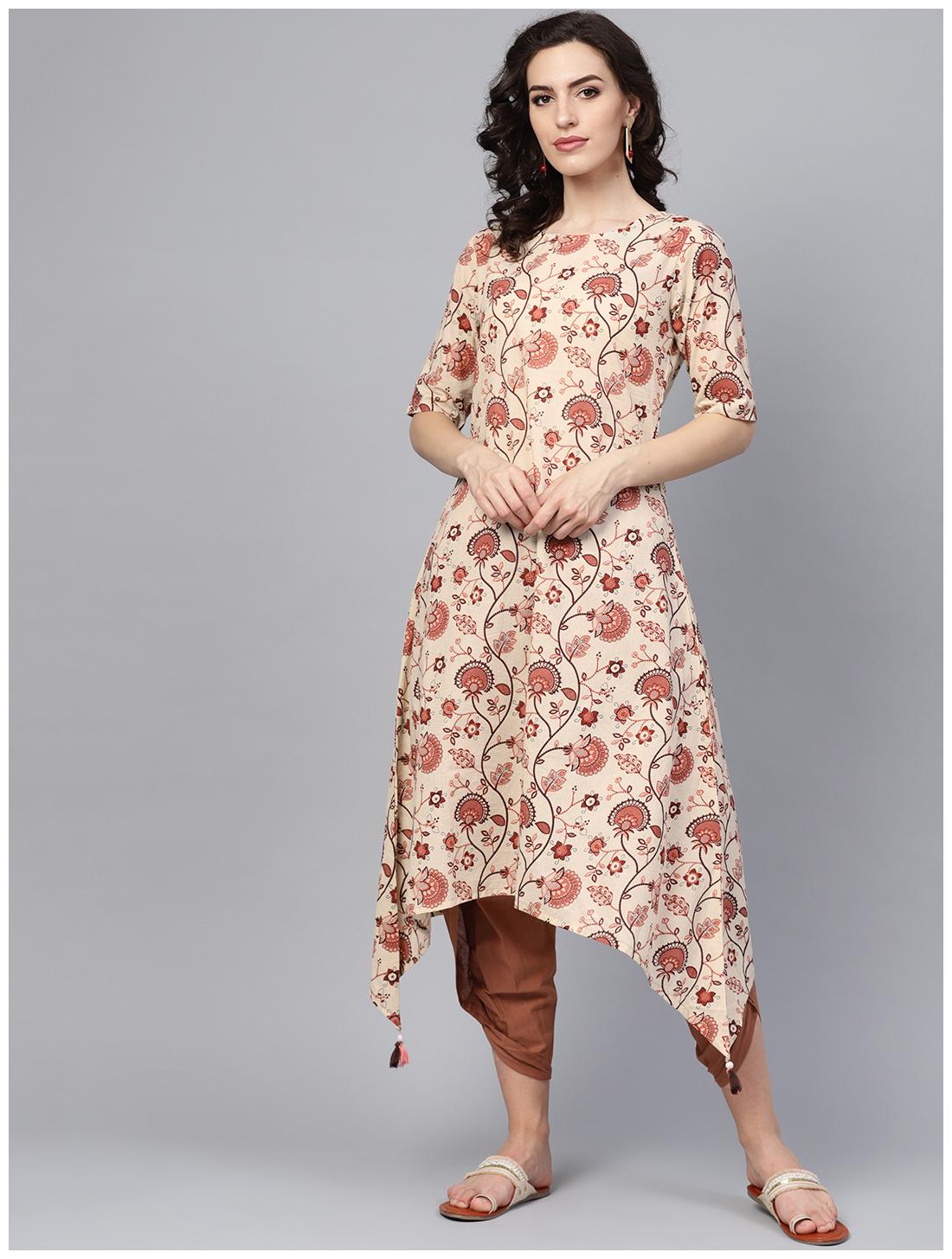 

Indo Era Beige Printed Assymetrical A-Line Kurtas