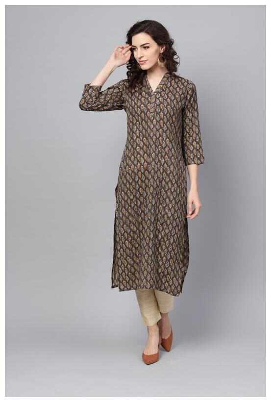 

INDO ERA Women Brown Printed Straight Kurta