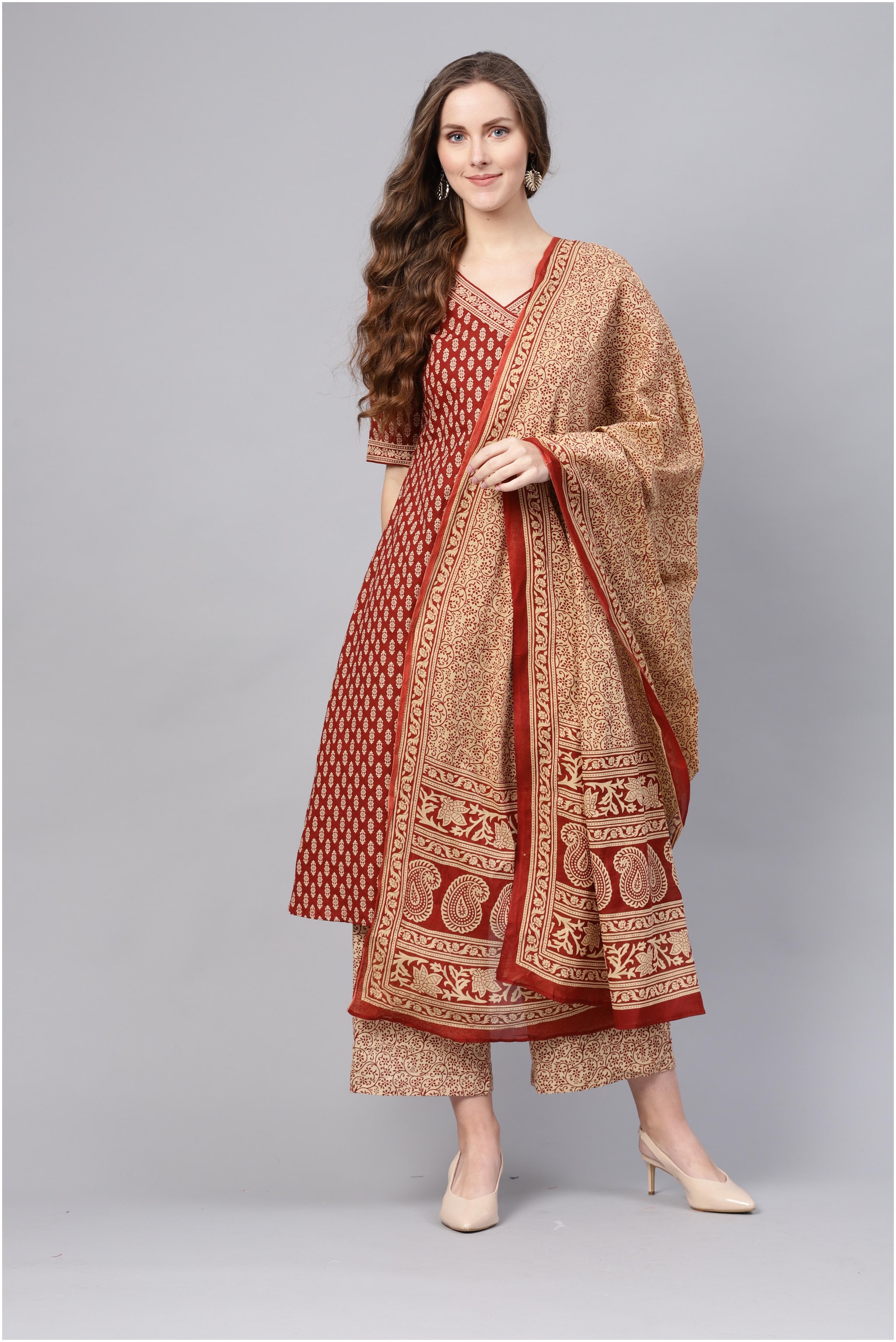 

INDO ERA Cotton Printed Maroon Suit Set