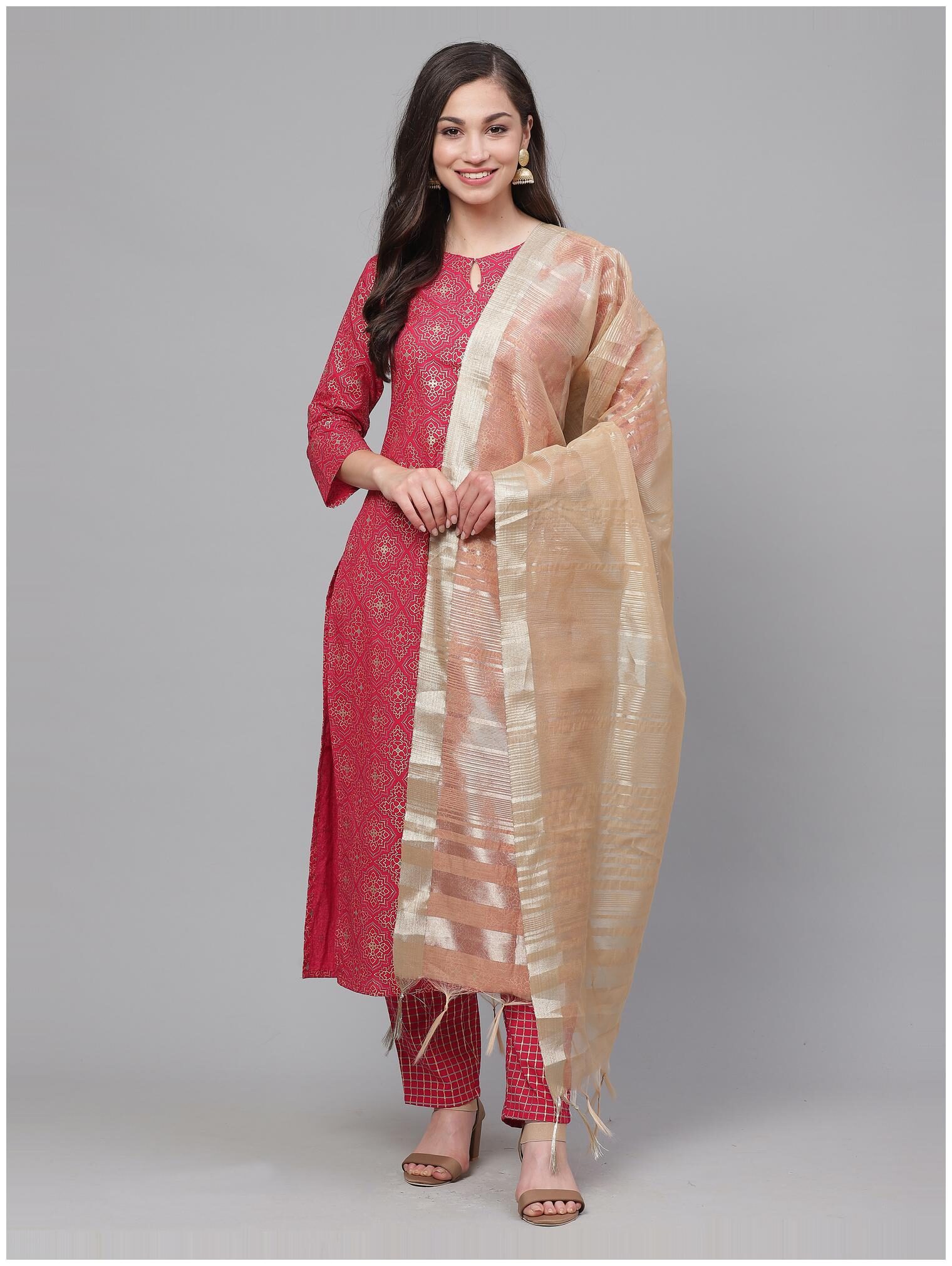 

INDO ERA Women Maroon Printed Straight Kurta With Trousers And Dupatta