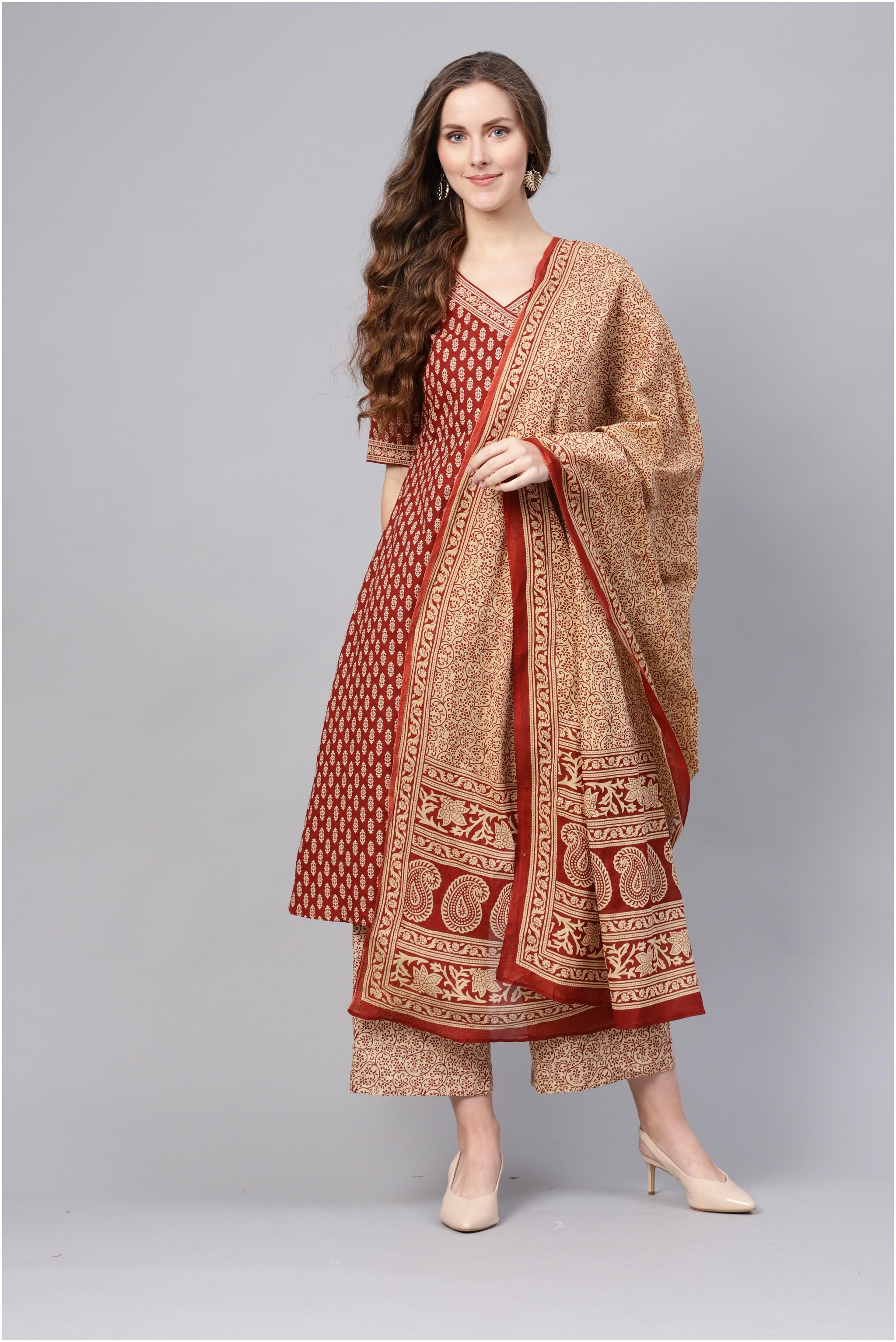 

INDO ERA Cotton Printed Maroon Suit Set