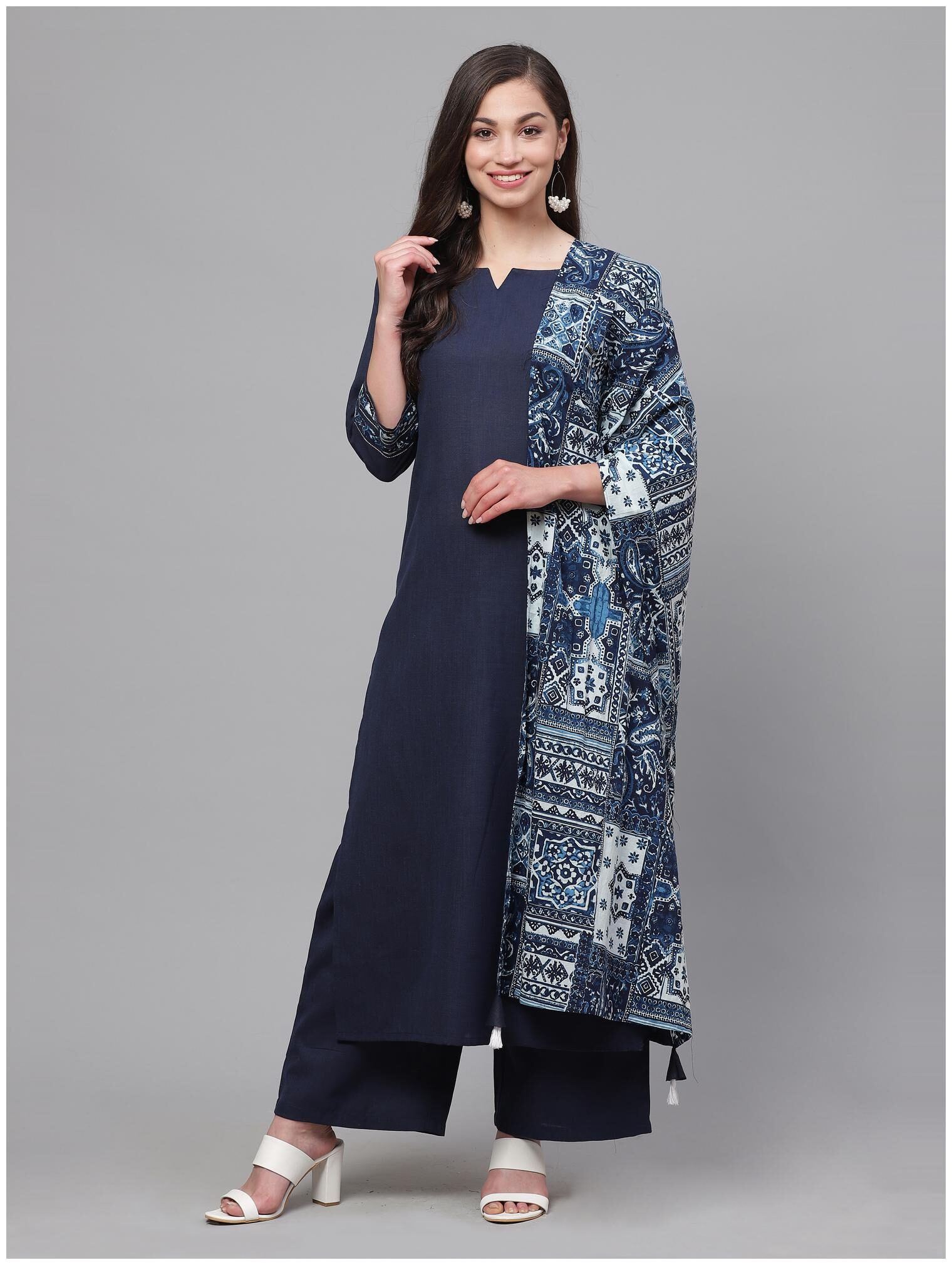 

INDO ERA Women Navy Blue Solid Straight Kurta With Palazzo And Dupatta