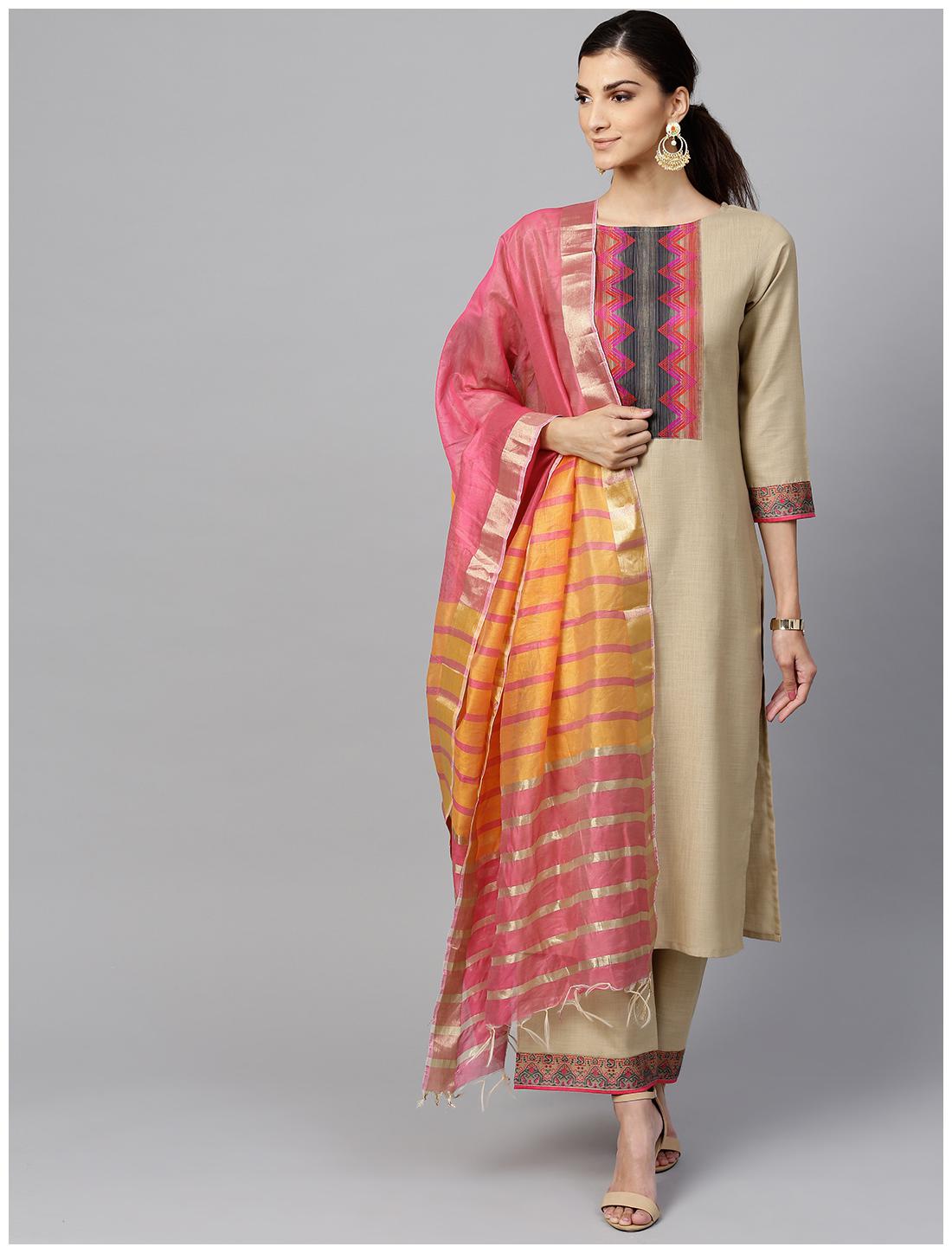 

INDO ERA Cotton Solid Beige Suit Set