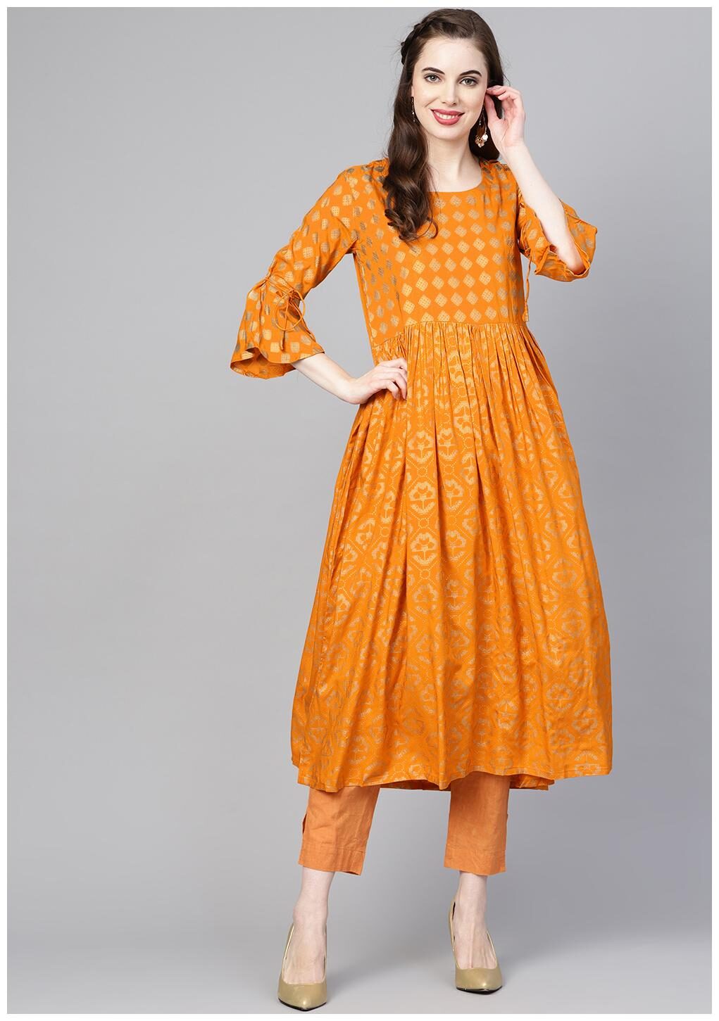 

Indo Era Mustard Printed A-line Kurtas