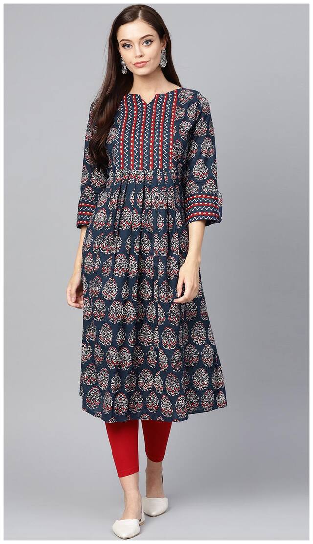 INDO ERA Women Navy Blue Printed Anarkali Kurta