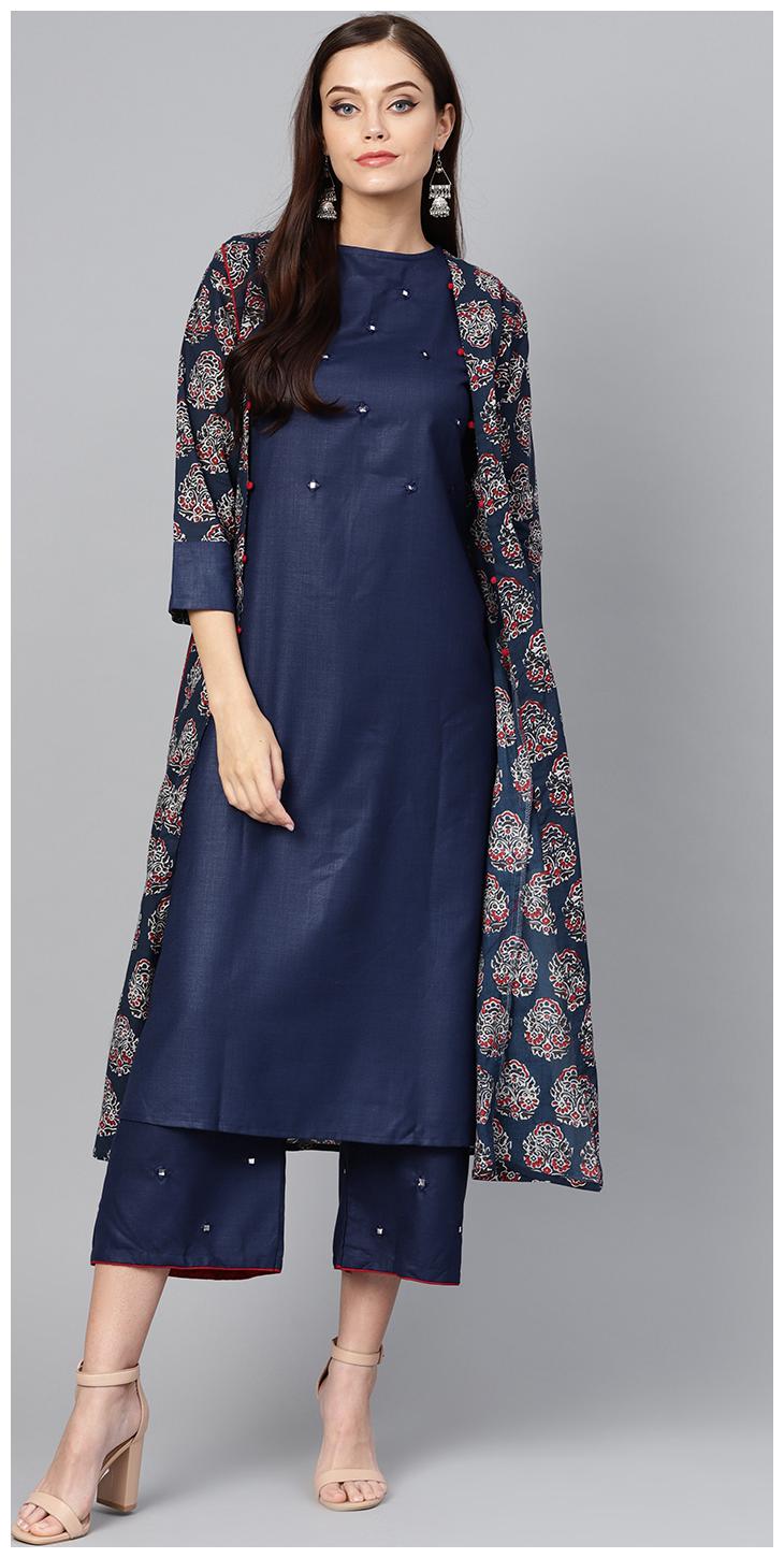 

Indo Era Navy Blue Jacket A-Line Kurtas