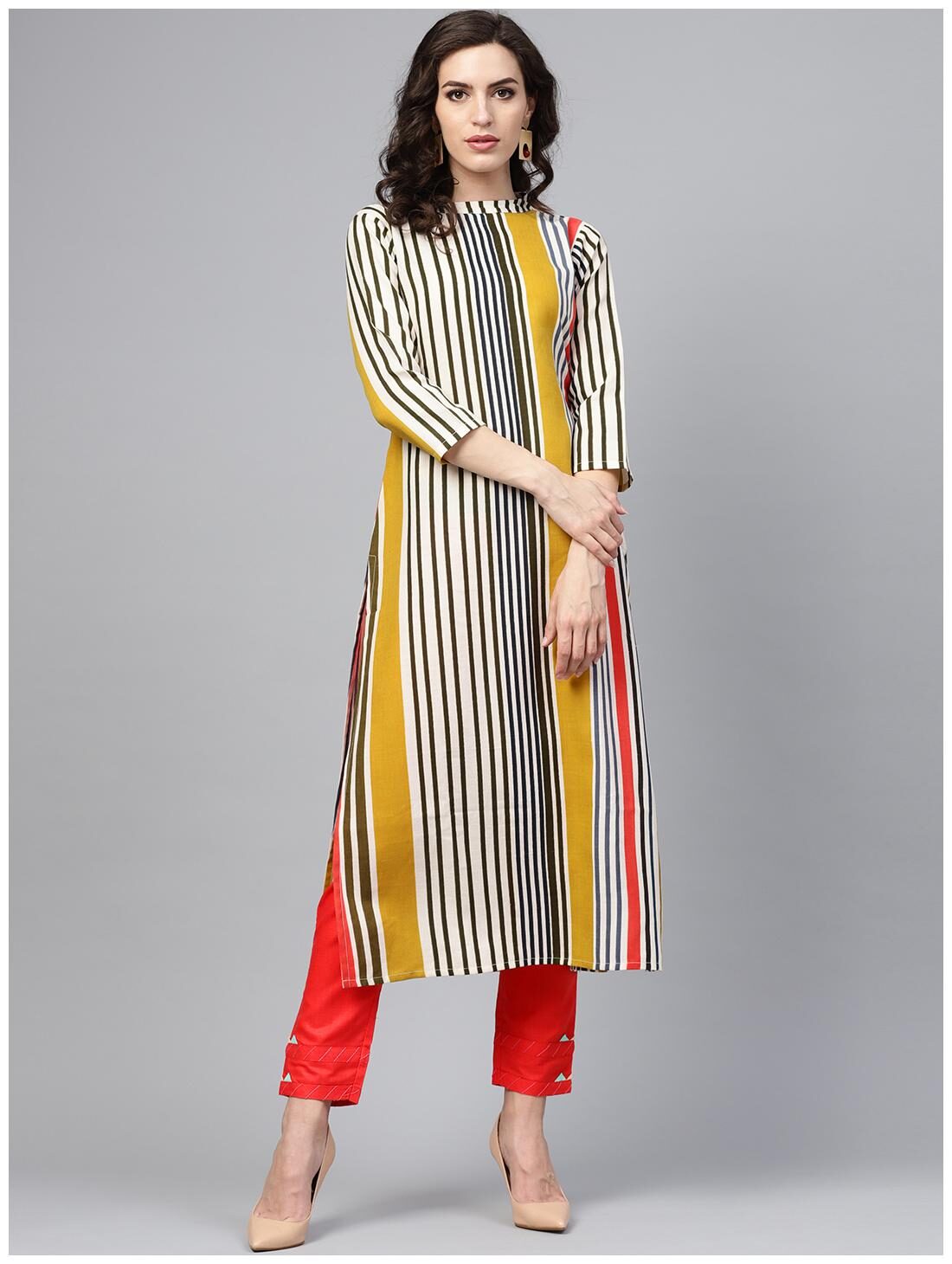 

INDO ERA Women Multi Striped Straight Kurta