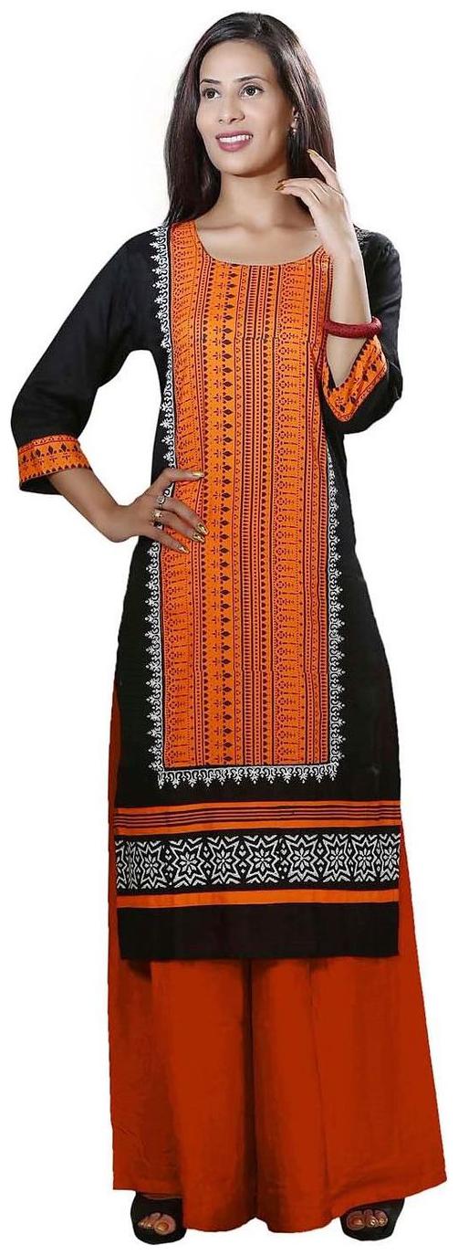 

Indovibe Black Orange Rayon Straight Kurti