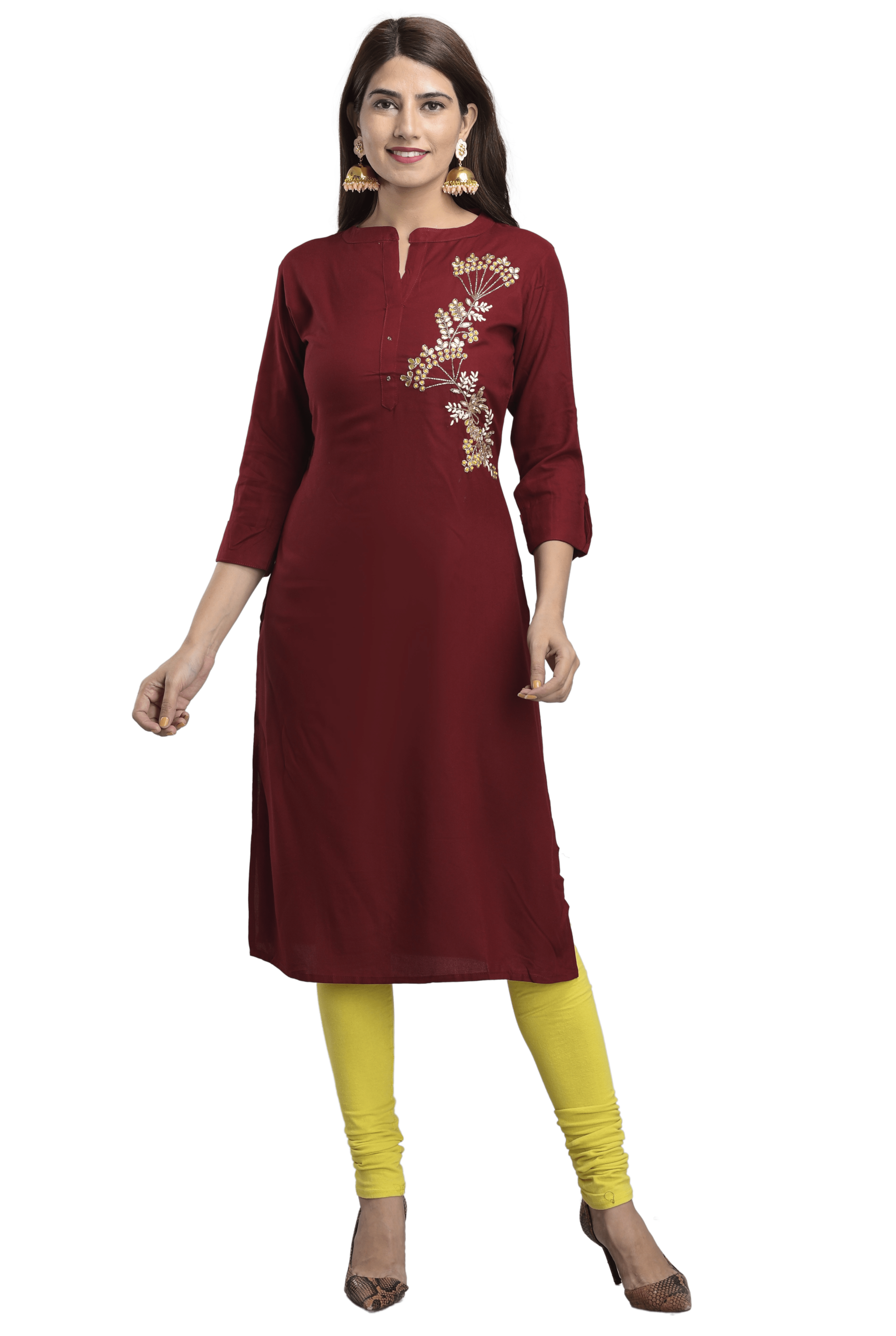 

Inkkr Cotton Maroon Embroidered Kurti For Women