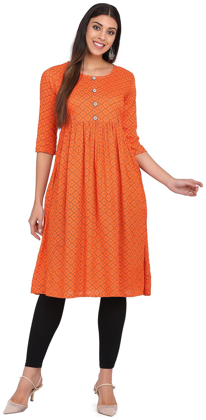 

Inkkr Women Cotton Printed Orange Kurti
