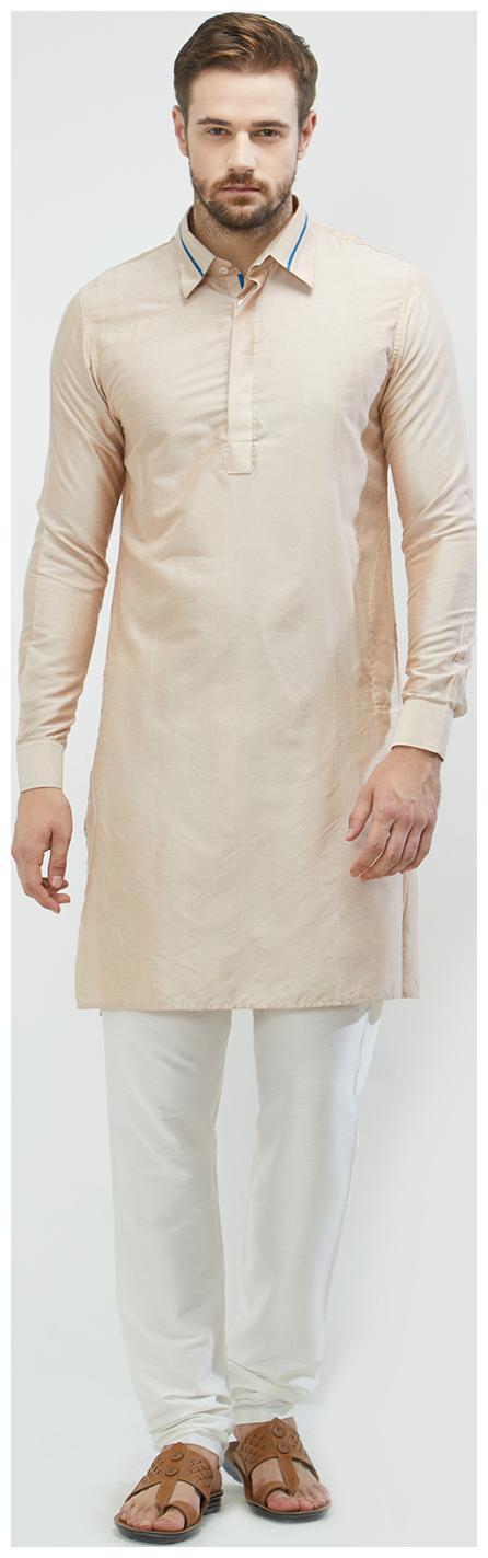 

irin Beige Poly Viscose Full Sleeves Solid Collar Pathani Set For Men
