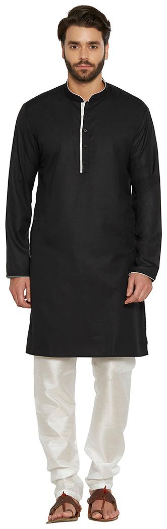 

irin Designer Ethnic Poly Cotton Black Solid Kurta And White Churidar For Men