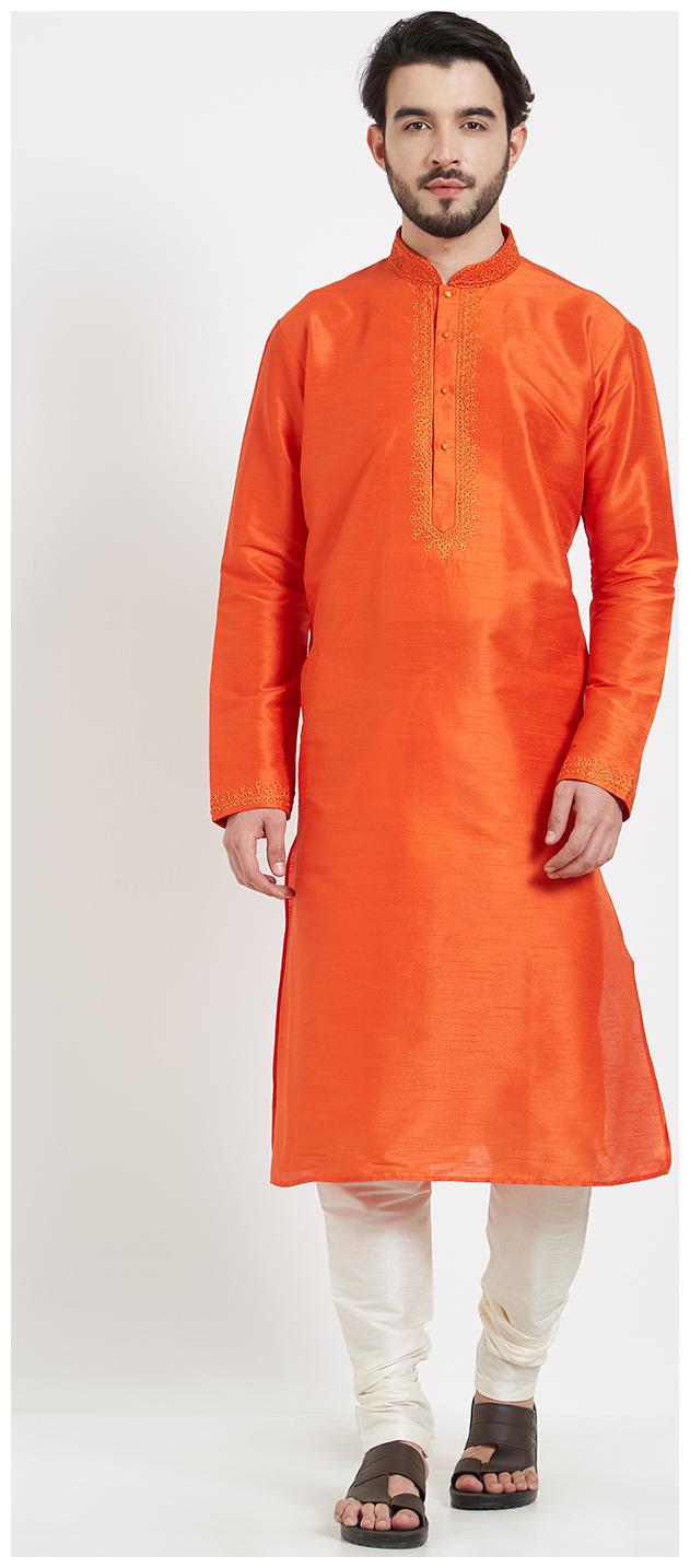 

irin Ethnic Dupion Silk Orange Embroidered Kurta And White Churidar For Men