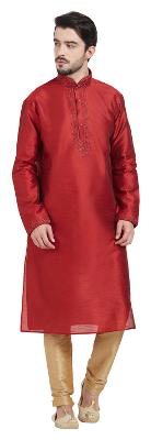 

irin Ethnic Dupion Silk Maroon Embroidered Kurta And Beige Churidar For Men