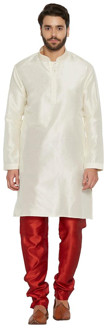 

irin Ethnic Blended Silk Cream Embroidery Kurta And Maroon Churidar For Men
