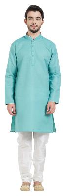

irin Ethnic Blended Cotton Aqua Green Solid Kurta And White Churidar For Men