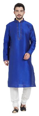 

irin Ethnic Dupion Silk Royal Blue Embroidered Kurta And White Churidar For Men