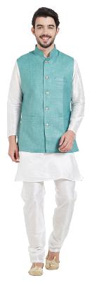 

irin Ethnic Blended Cotton Teal Koti (Waistcoat) And White Kurta Churidar For Men